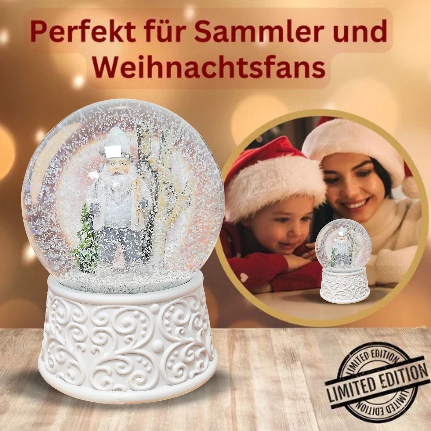 Nostalgische Schneekugel Wichtel weiß grau auf Ornamente 100 mm Durchmesser mit Spieluhr