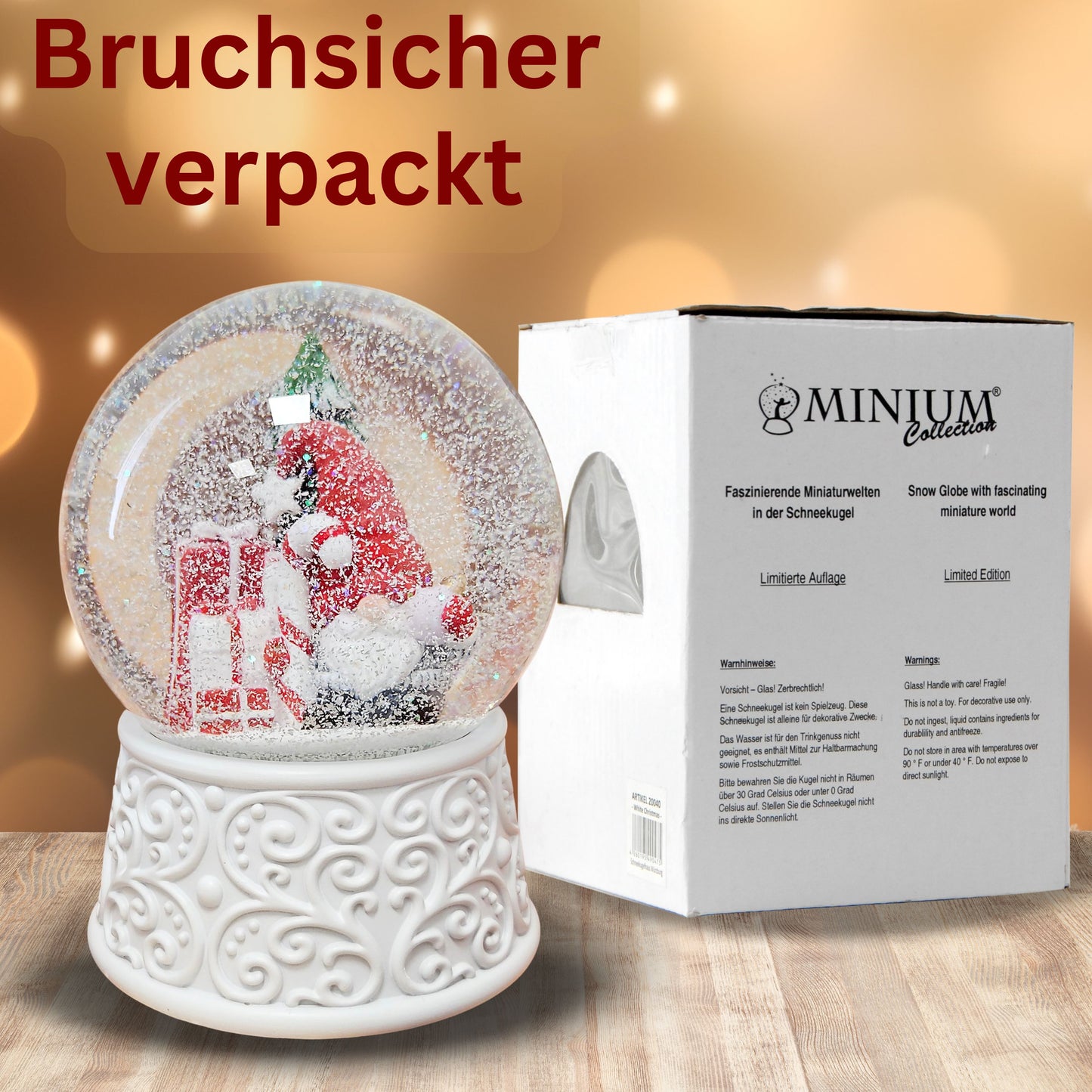 Nostalgische Schneekugel Wichtel rot auf Ornamente 100 mm Durchmesser mit Spieluhr