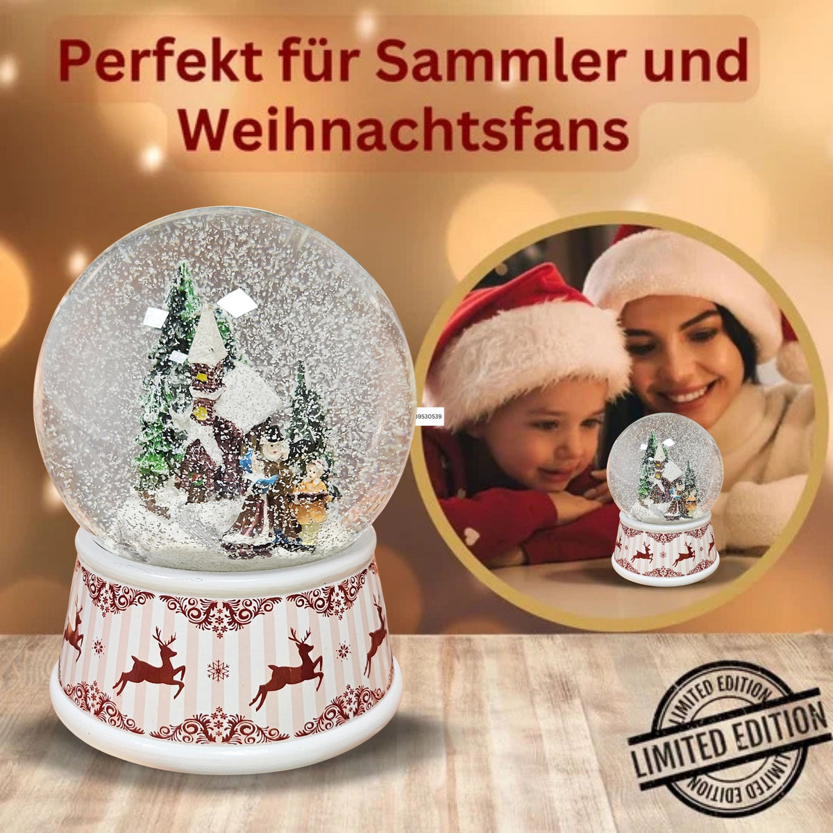 Nostalgische Schneekugel Weihnachtsspaziergang Hüttenzauber 100 mm Durchmesser mit Spieluhr