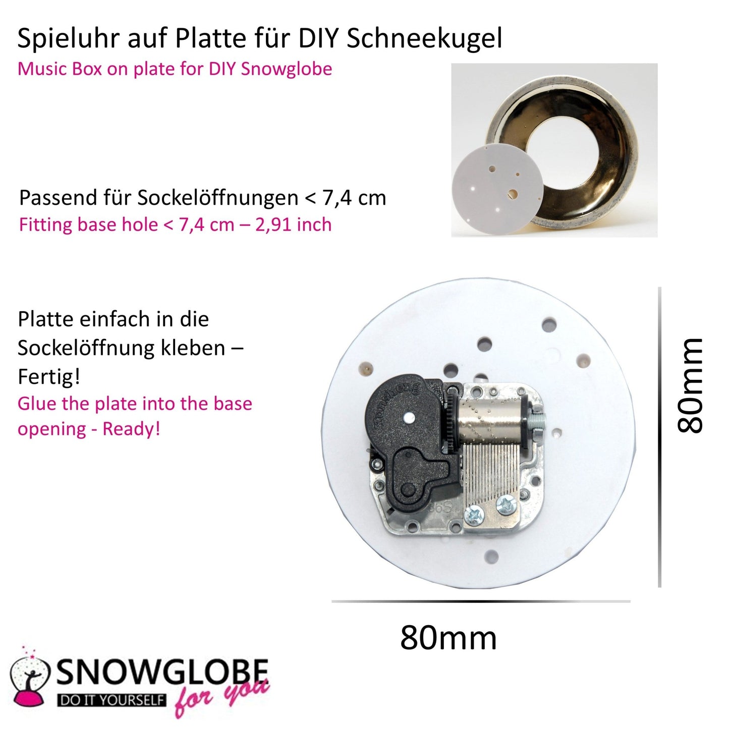 Spieluhr für Schneekugel "Santa Claus is coming to town" auf Platte 8,0 cm - Schneekugelhaus