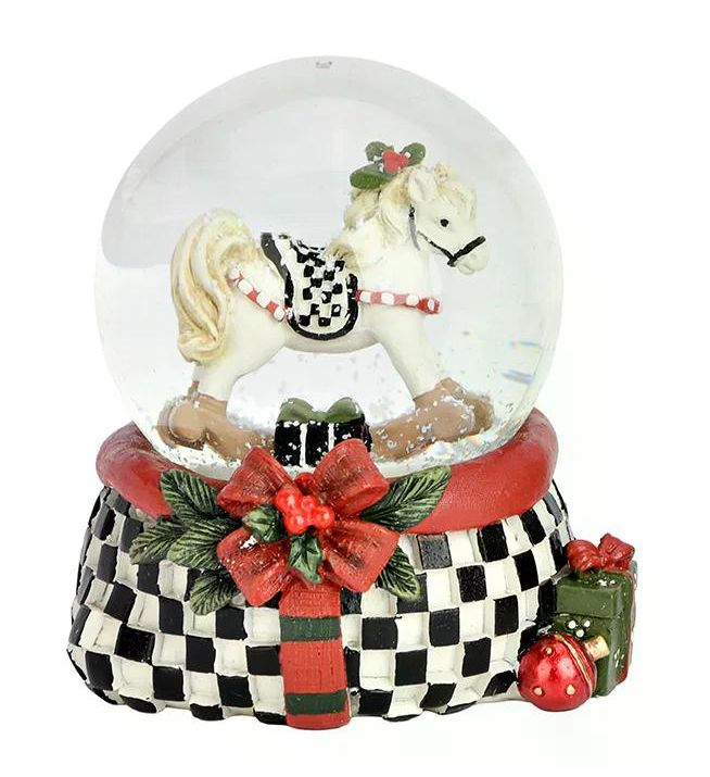 2 stylische Schneekugeln Schaukelpferd Christbaum im Karo-Look 65mm Durchmesser