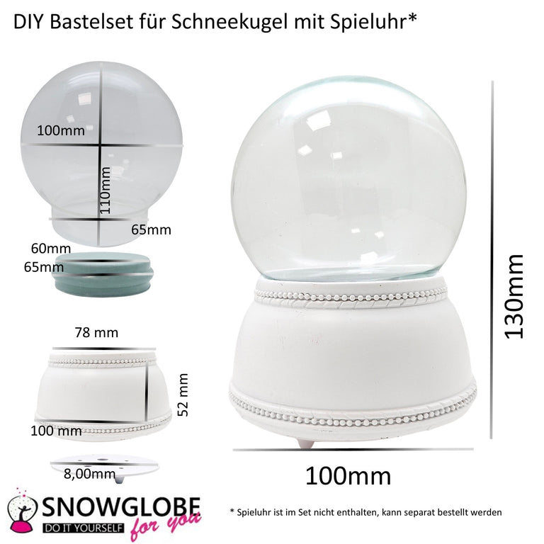 100mm Bastelset Porzellan Sockel Nostalgie weiß mit DIY - Schneekugel für Spieluhr - Schneekugelhaus