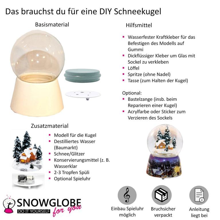 100mm Bastelset Porzellan Sockel Nostalgie weiß mit DIY - Schneekugel für Spieluhr - Schneekugelhaus