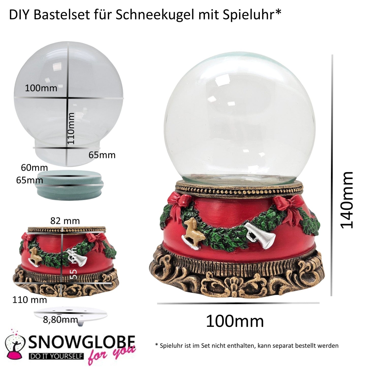 100mm Bastelset Porzellan Sockel Weihnachten rot mit DIY - Schneekugel für Spieluhr - Schneekugelhaus