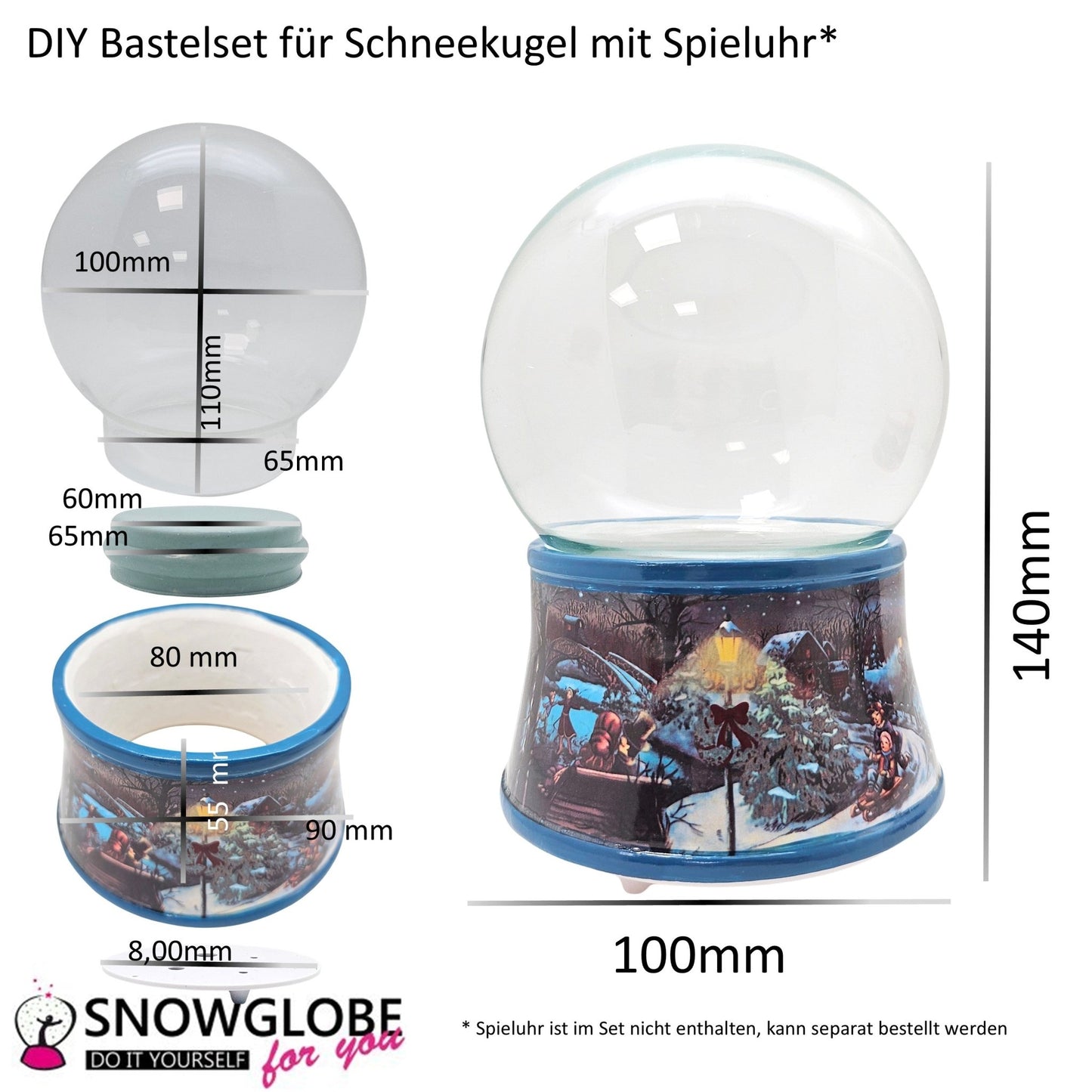 100mm Bastelset Porzellan Sockel Winterlandschaft Eisläufer dunkelblau mit DIY - Schneekugel für Spieluhr - Schneekugelhaus