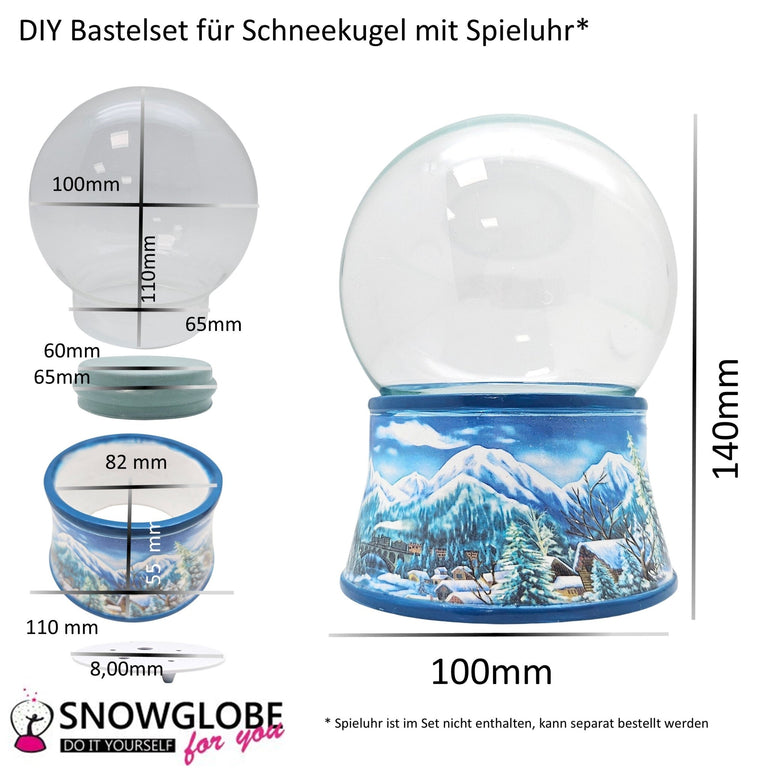 100mm Bastelset Porzellan Sockel Winterlandschaft hellblau mit DIY - Schneekugel für Spieluhr - Schneekugelhaus