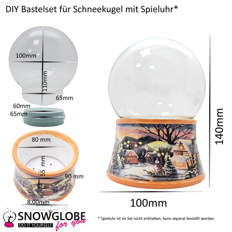 100mm Bastelset Porzellan Sockel Winterlandschaft ocker Rand mit DIY - Schneekugel für Spieluhr - Schneekugelhaus