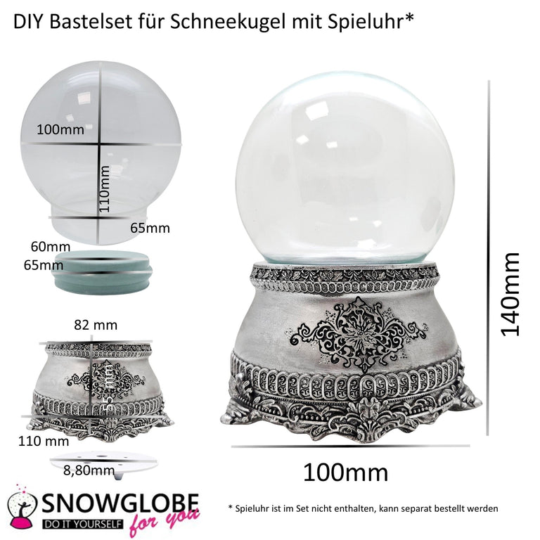 100mm Bastelset Porzellan Sockel Zinnoptik mit DIY - Schneekugel für Spieluhr - Schneekugelhaus