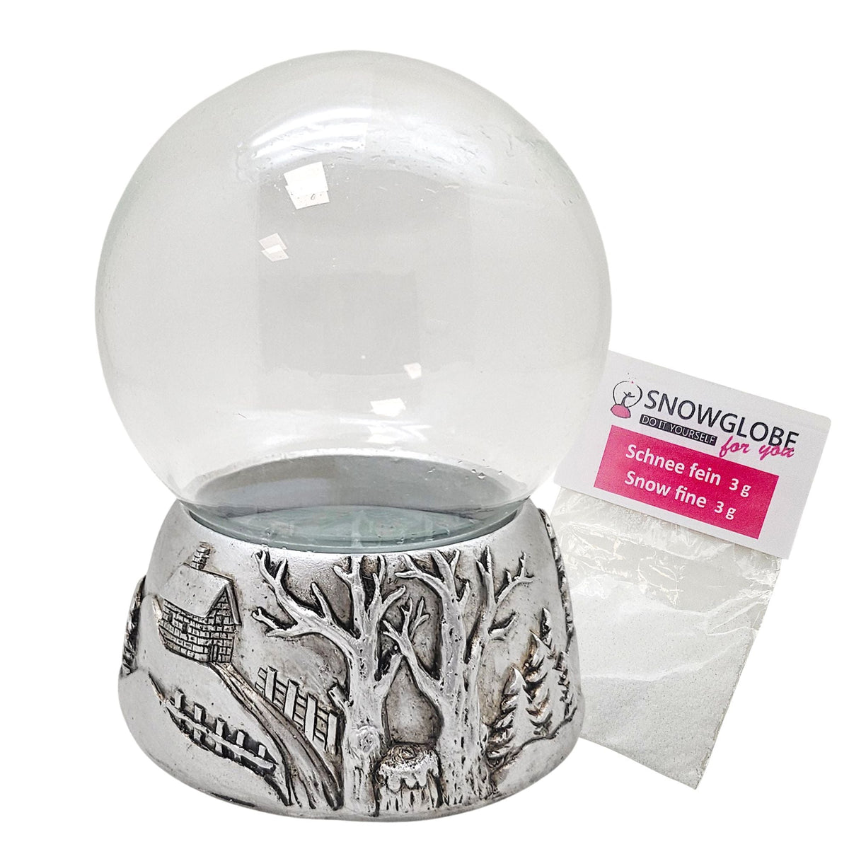 100mm Bastelset Sockel Silber antik Landschaft mit DIY-Schneekugel für Spieluhr - 1x Schnee - Schneekugelhaus