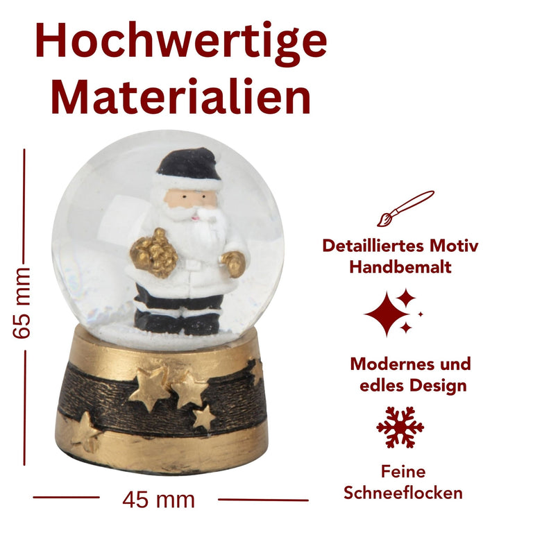 2 moderne Mini - Schneekugeln Weihnachtsmann mit Socke gold schwarz weiß B: 45mm - Schneekugelhaus