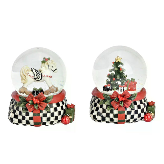 2 stylische Schneekugeln Schaukelpferd Christbaum im Karo-Look 65mm Durchmesser - Schneekugelhaus