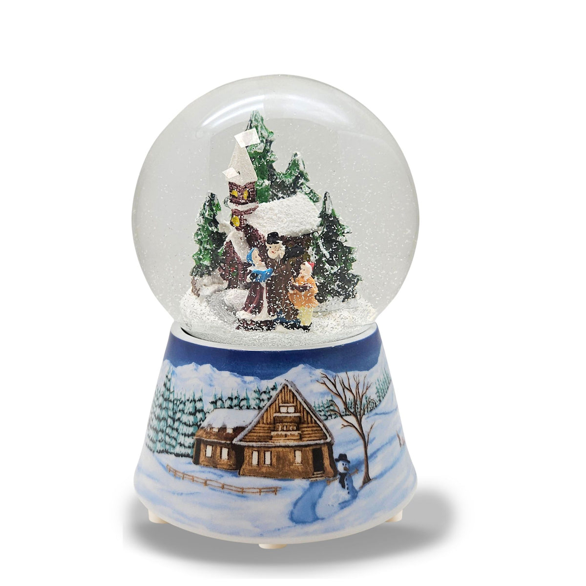 Schneekugel Weihnachtsspaziergang auf Sockel  Winterlandschaft mittelblau mit Spieluhr 10 cm Durchmesser