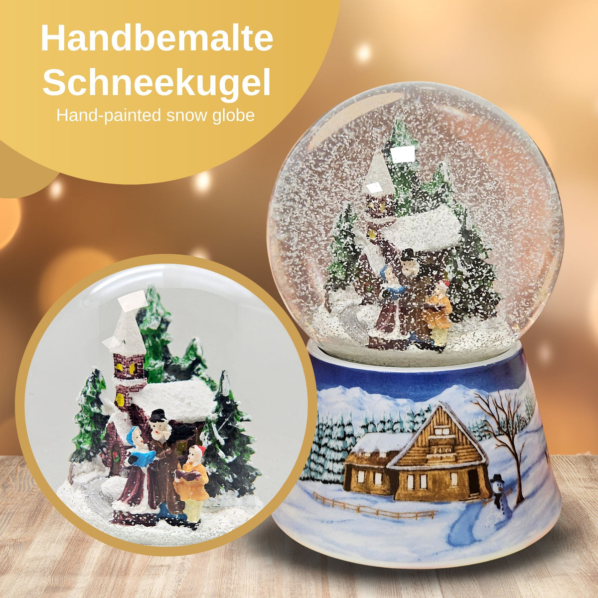 Schneekugel Weihnachtsspaziergang auf Sockel  Winterlandschaft mittelblau mit Spieluhr 10 cm Durchmesser