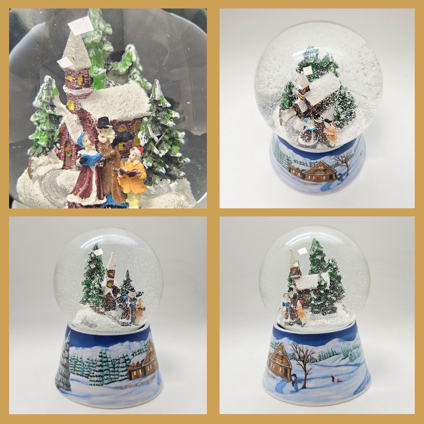 Schneekugel Weihnachtsspaziergang auf Sockel  Winterlandschaft mittelblau mit Spieluhr 10 cm Durchmesser