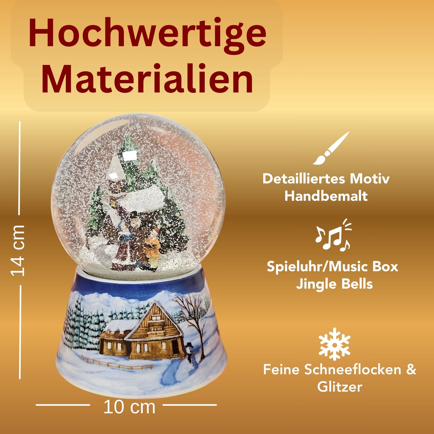 Schneekugel Weihnachtsspaziergang auf Sockel  Winterlandschaft mittelblau mit Spieluhr 10 cm Durchmesser