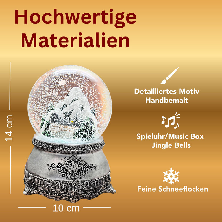 Nostalgische Schneekugel Berglandschaft mit Brücke auf Zinnsockel 100 mm Durchmesser mit Spieluhr