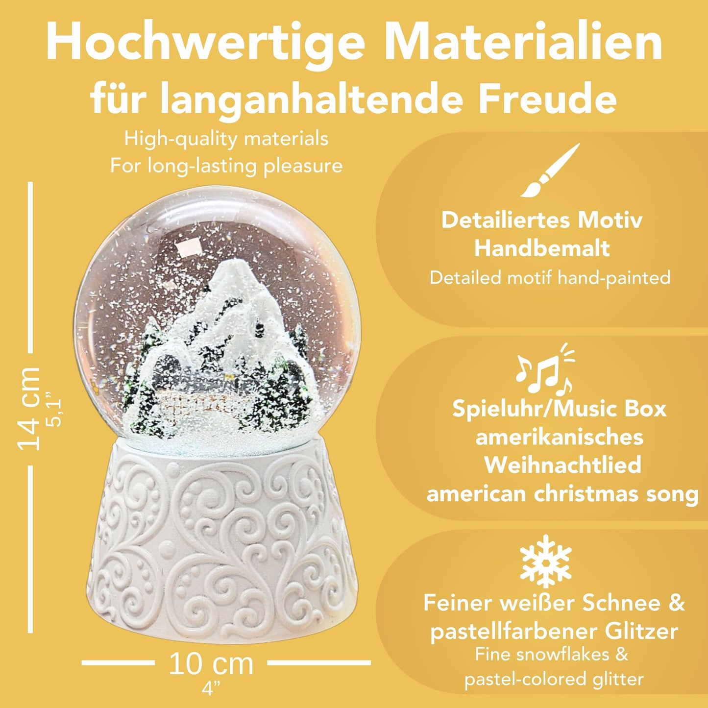 Nostalgische Schneekugel Berglandschaft mit Brücke auf Sockel weiß Ornamente 100 mm Durchmesser mit Spieluhr (Kopie)
