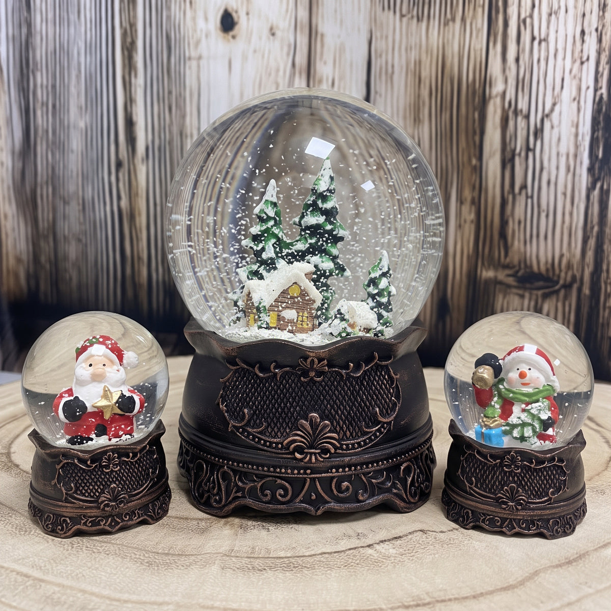Kupfer-Dekopaket - 3 Nostalgie Schneekugeln in zwei Größen