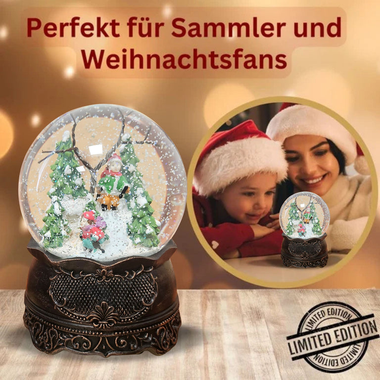 Nostalgische Schneekugel Familienspaziergang auf Ornamentsockel kupfer antik 100 mm Durchmesser mit Spieluhr
