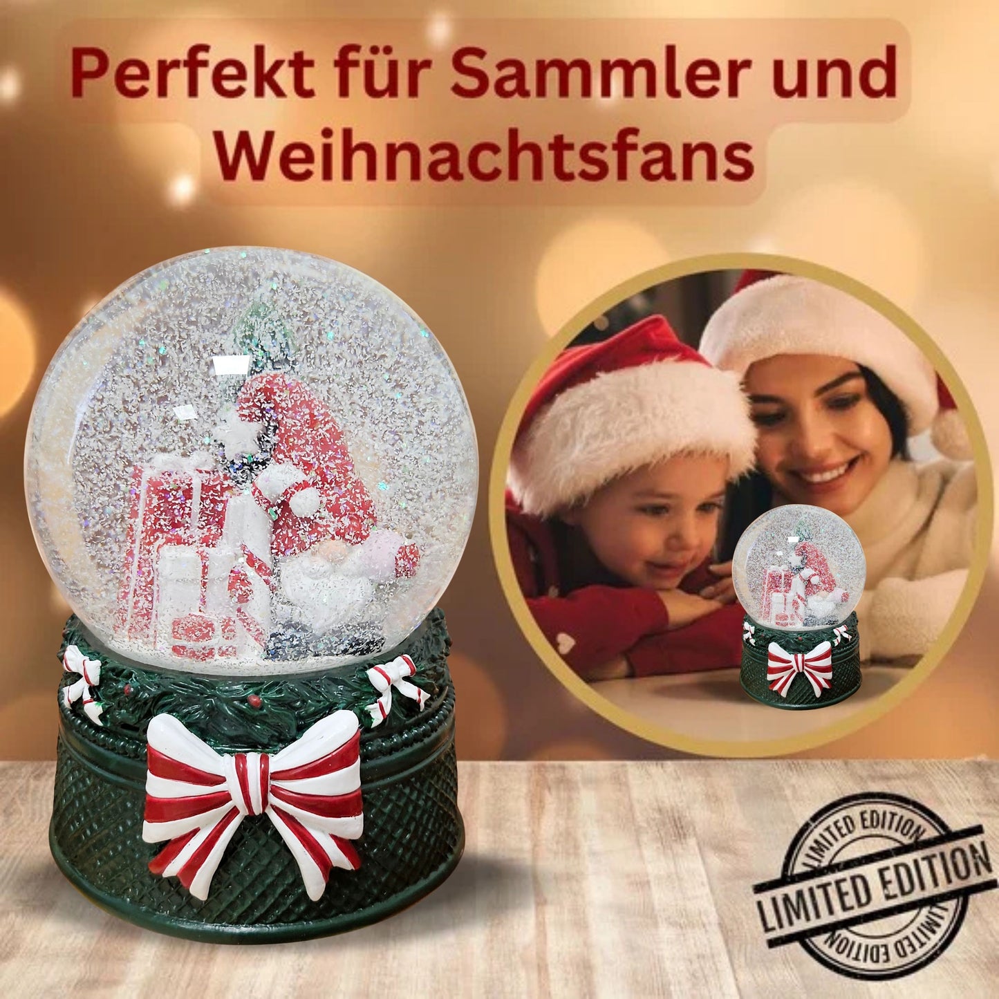 Nostalgische Schneekugel Wichtel rot auf Weihnachtsdekor grün 100 mm Durchmesser mit Spieluhr