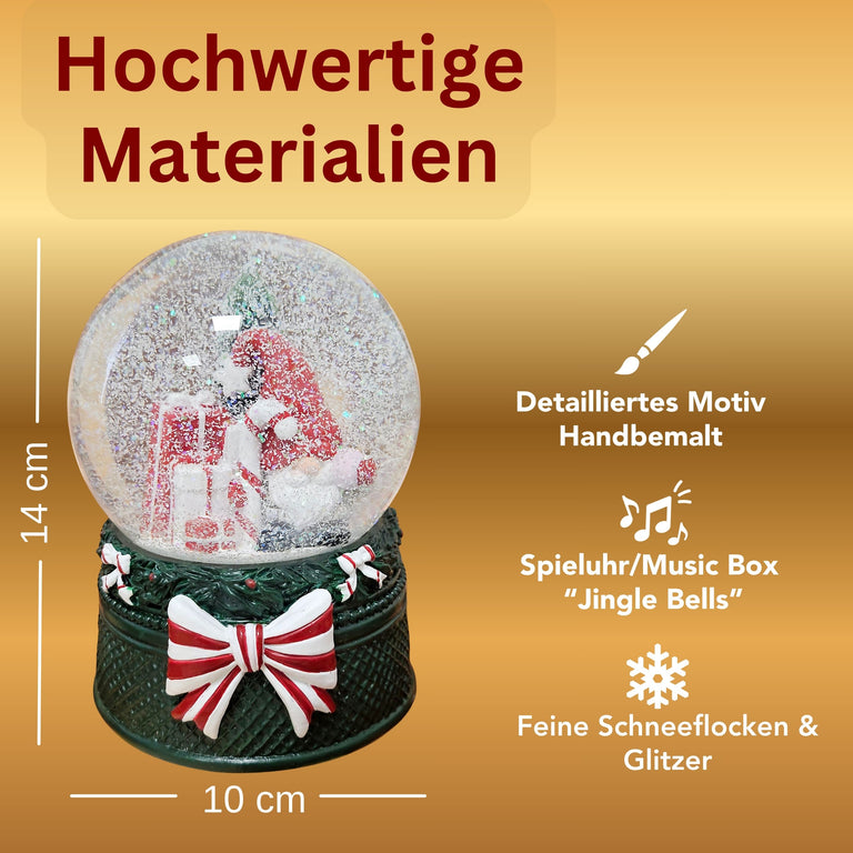 Nostalgische Schneekugel Wichtel rot auf Weihnachtsdekor grün 100 mm Durchmesser mit Spieluhr