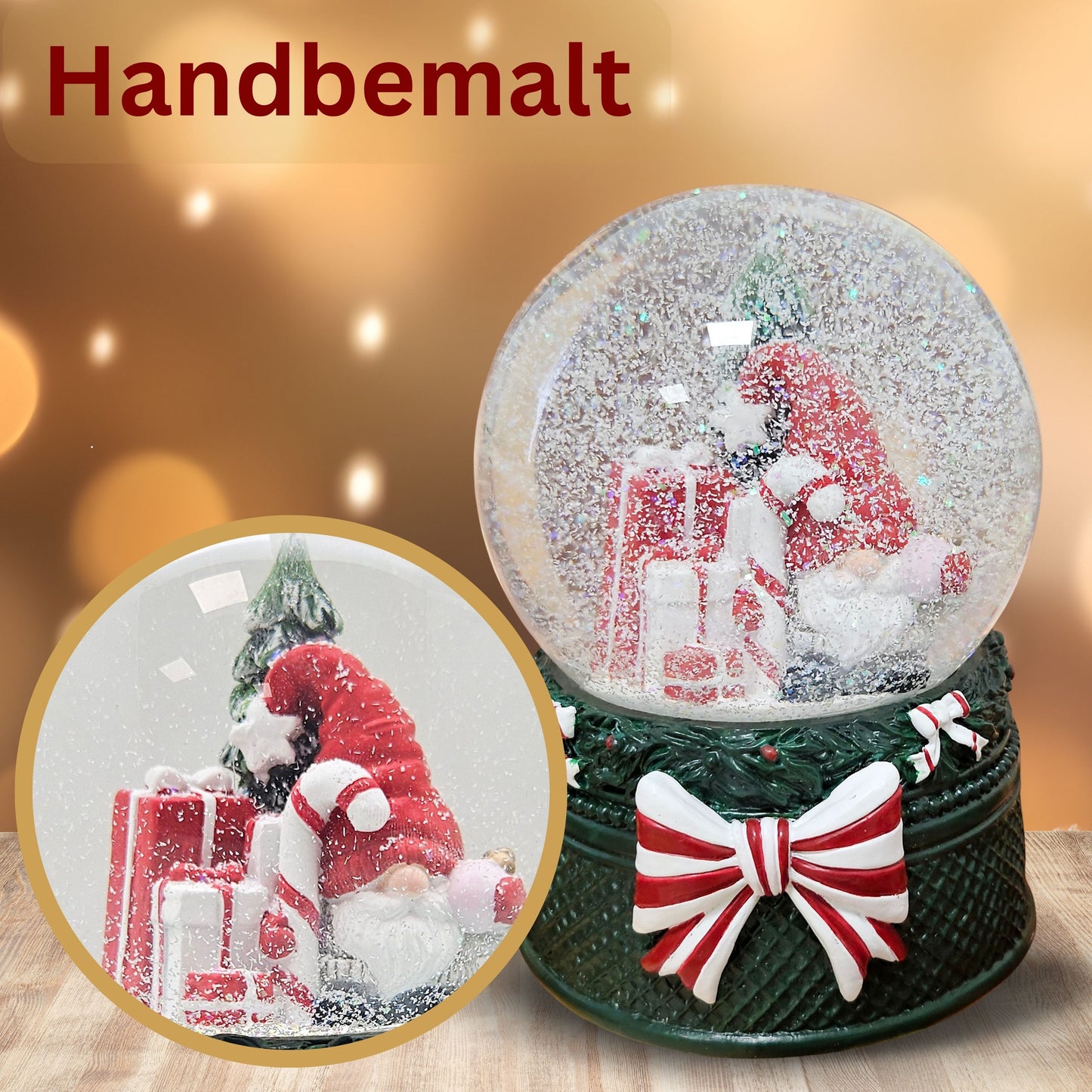 Nostalgische Schneekugel Wichtel rot auf Weihnachtsdekor grün 100 mm Durchmesser mit Spieluhr