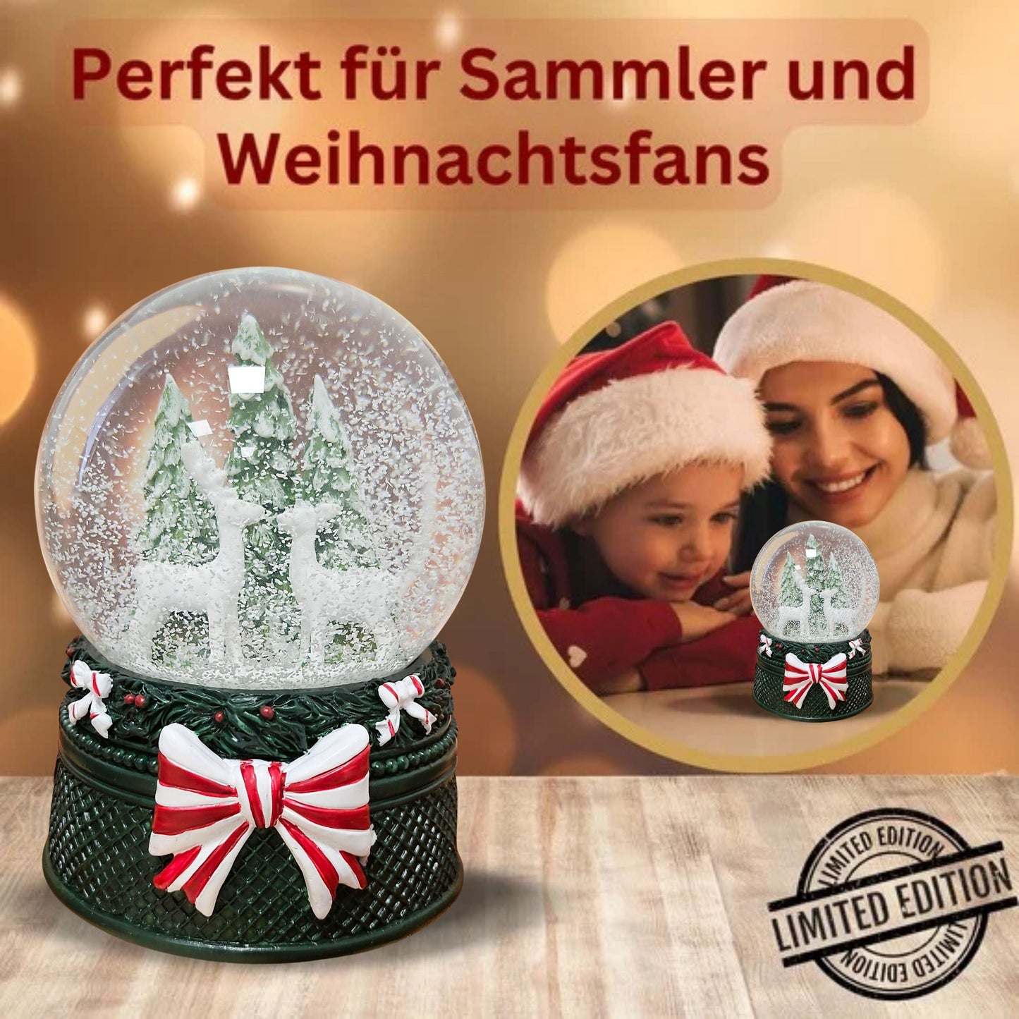 Nostalgische Schneekugel 2 Rehe Weihnachtsdekor grün 100 mm Durchmesser mit Spieluhr