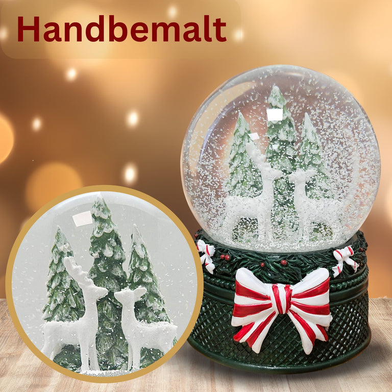Nostalgische Schneekugel 2 Rehe Weihnachtsdekor grün 100 mm Durchmesser mit Spieluhr