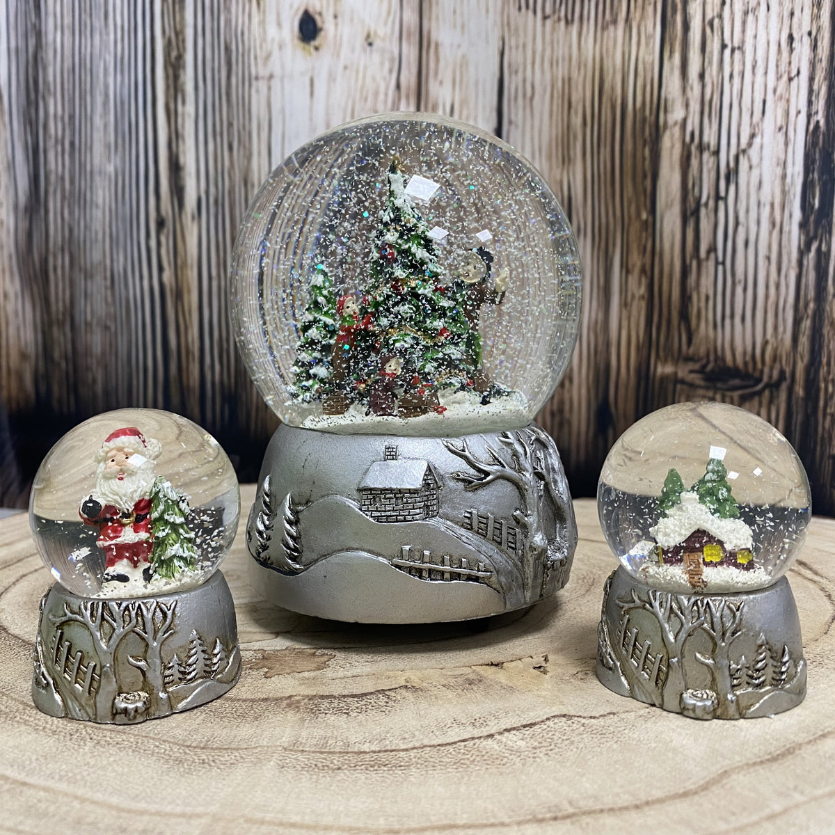 Silber-Dekopaket - 3 Nostalgie Schneekugeln in zwei Größen
