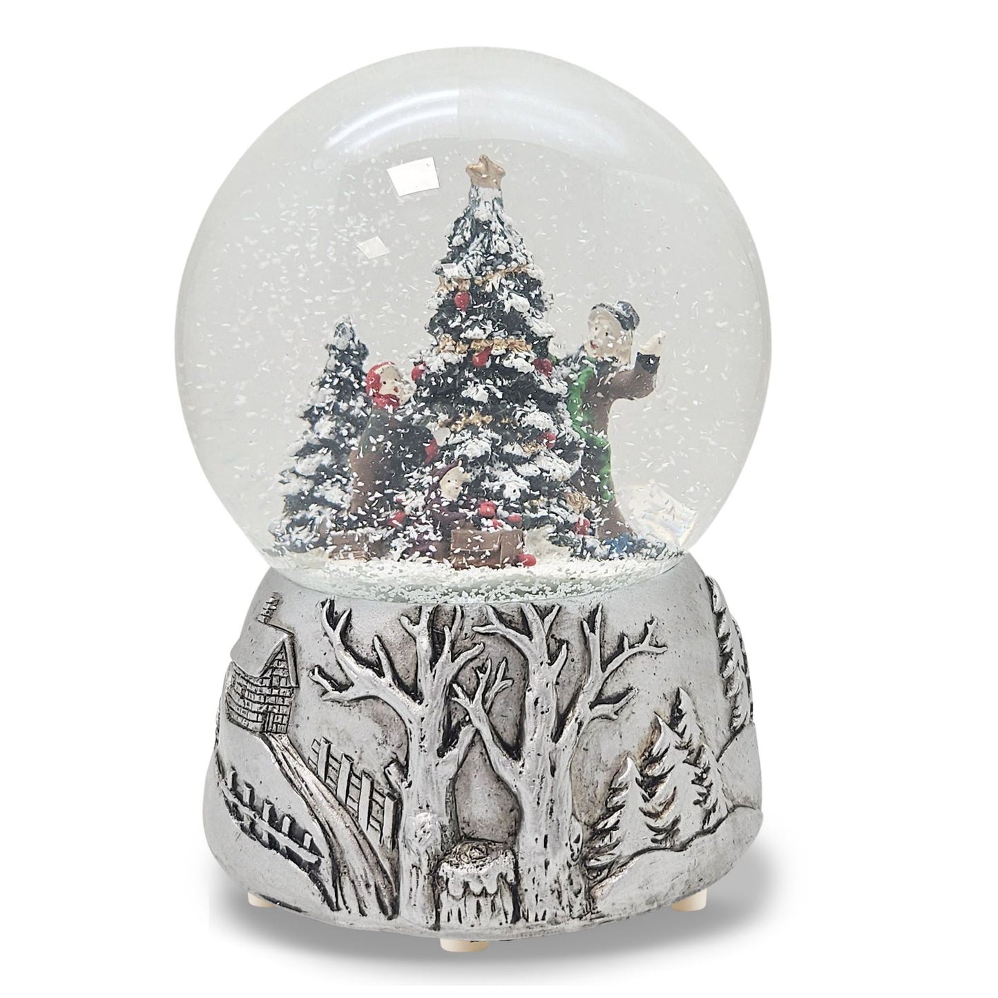 Nostalgische Schneekugel Christbaum schmücken auf Silber Landschaft 100 mm Durchmesser mit Spieluhr