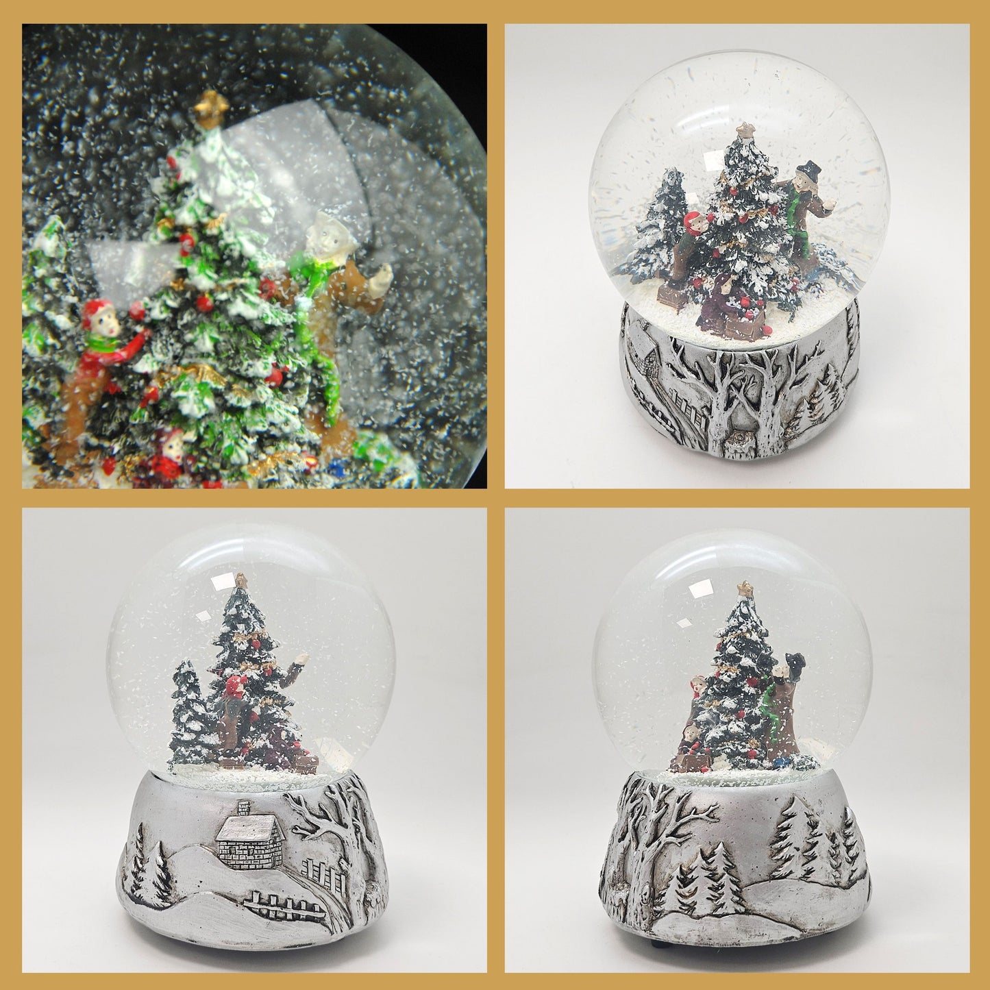 Nostalgische Schneekugel Christbaum schmücken auf Silber Landschaft 100 mm Durchmesser mit Spieluhr