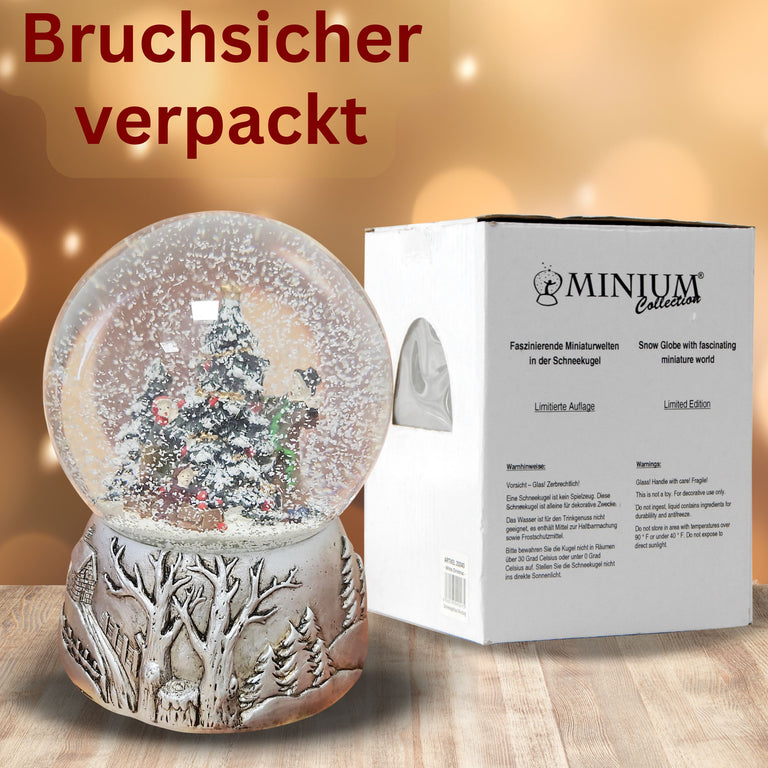 Nostalgische Schneekugel Christbaum schmücken auf Silber Landschaft 100 mm Durchmesser mit Spieluhr