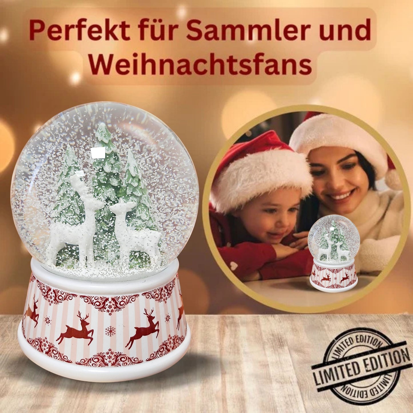 Nostalgische Schneekugel 2 Rehe Hüttenzauber 100 mm Durchmesser mit Spieluhr