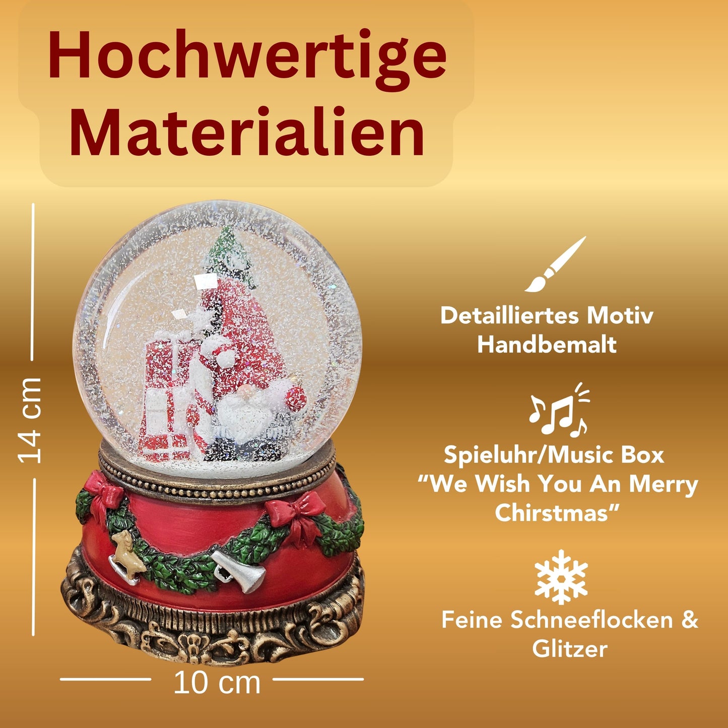 Schöne Schneekugel Wichtel Christbaum  auf Sockel Weihnachtsdekor rot mm Durchmesser mit Spieluhr
