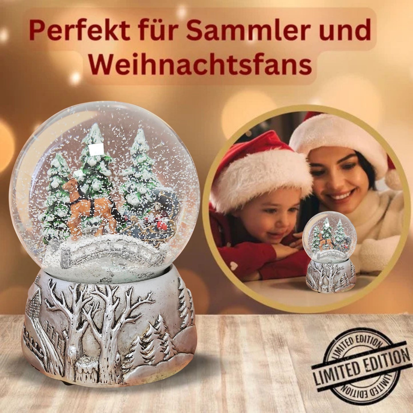 Nostalgische Schneekugel Kutsche Brücke auf Silber Landschaft 100 mm Durchmesser mit Spieluhr