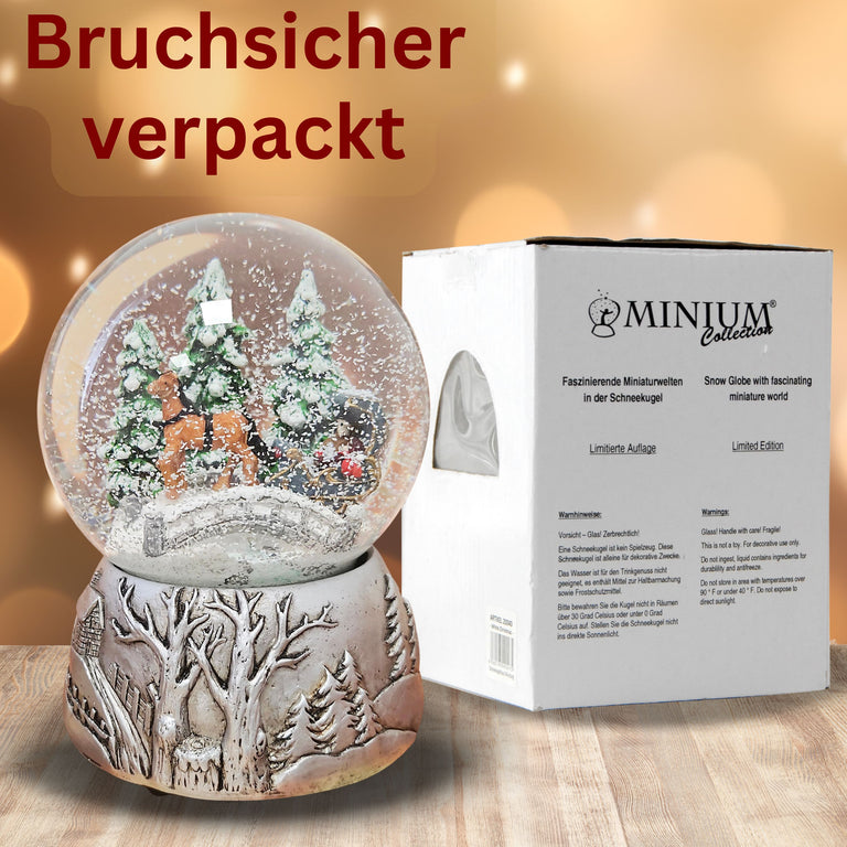 Nostalgische Schneekugel Kutsche Brücke auf Silber Landschaft 100 mm Durchmesser mit Spieluhr