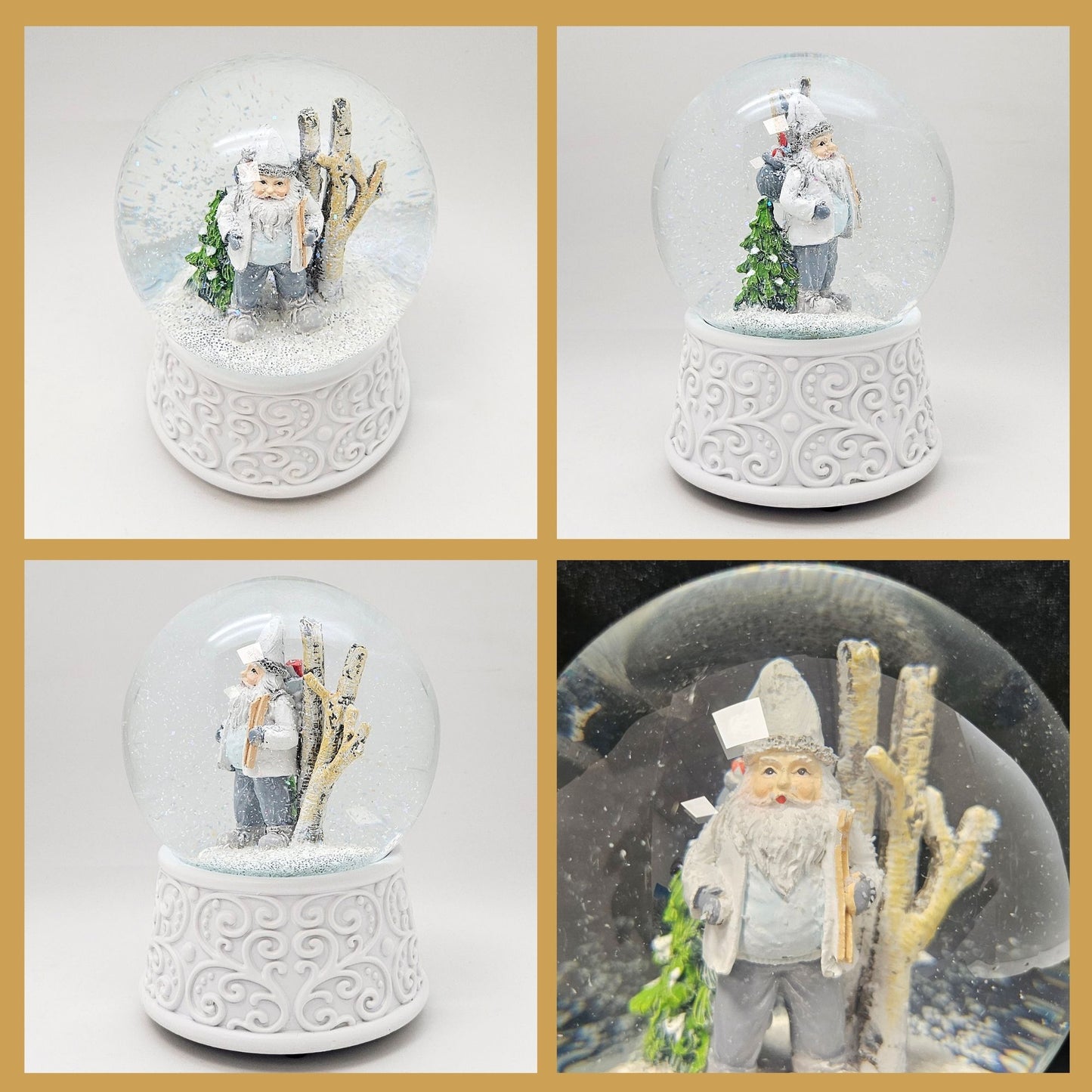 Nostalgische Schneekugel Wichtel weiß grau auf  Ornamente 100 mm Durchmesser mit Spieluhr