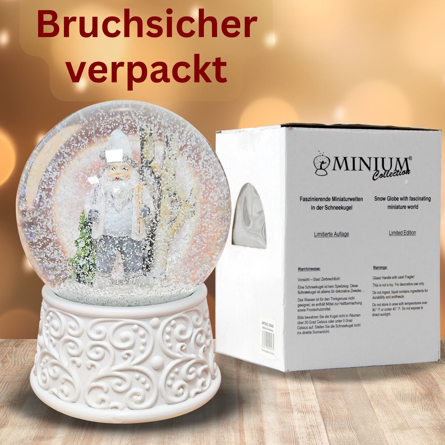 Nostalgische Schneekugel Wichtel weiß grau auf  Ornamente 100 mm Durchmesser mit Spieluhr