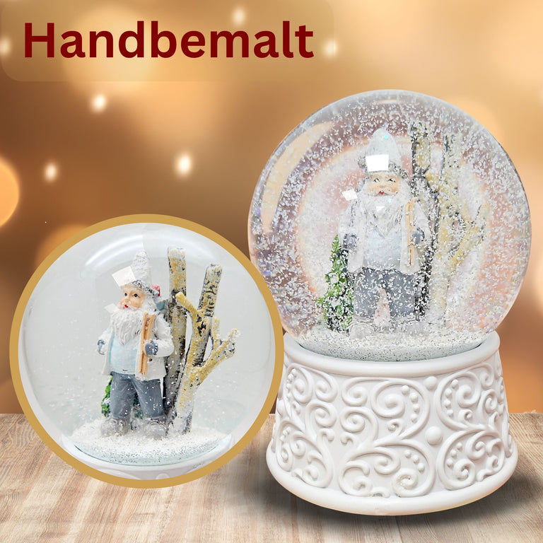 Nostalgische Schneekugel Wichtel weiß grau auf  Ornamente 100 mm Durchmesser mit Spieluhr
