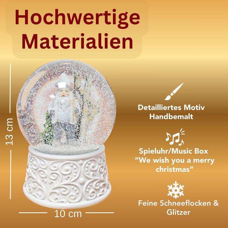 Nostalgische Schneekugel Wichtel weiß grau auf  Ornamente 100 mm Durchmesser mit Spieluhr