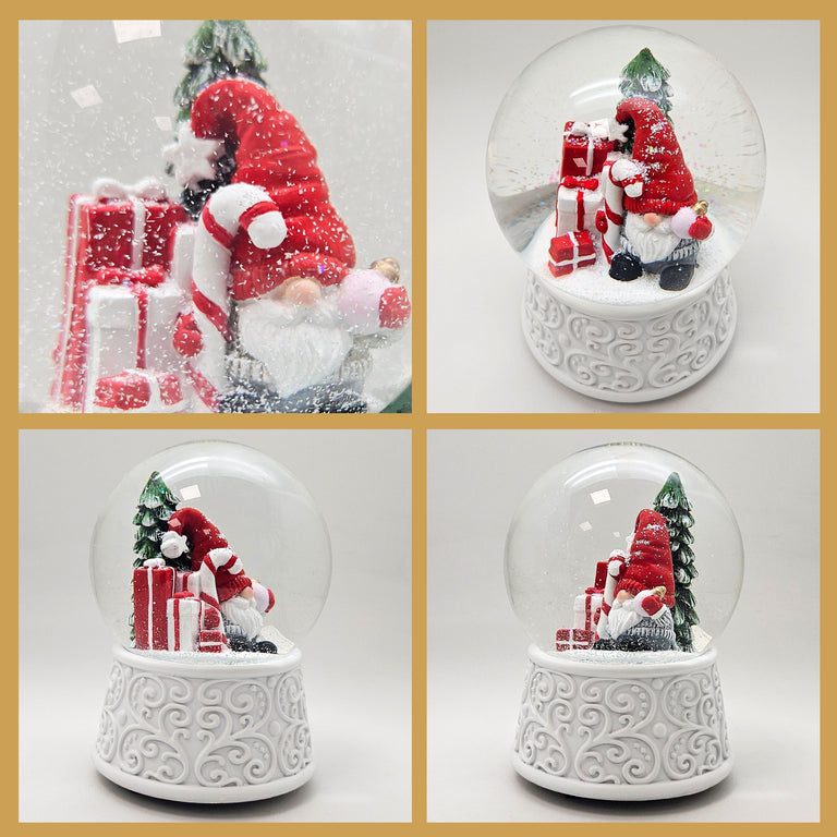 Nostalgische Schneekugel Wichtel rot auf  Ornamente 100 mm Durchmesser mit Spieluhr