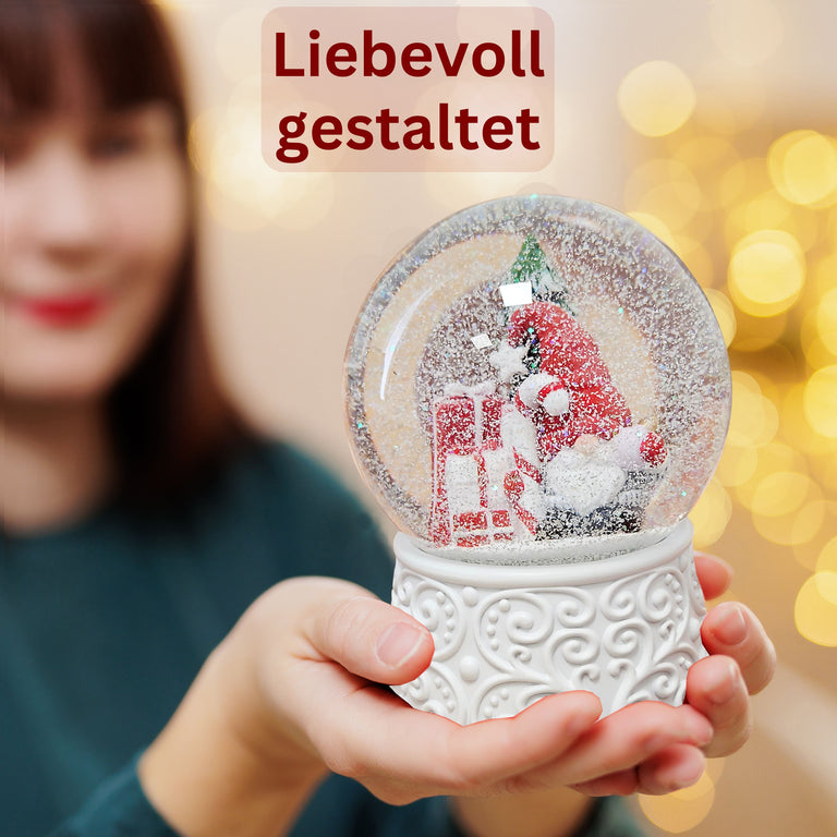 Nostalgische Schneekugel Wichtel rot auf  Ornamente 100 mm Durchmesser mit Spieluhr