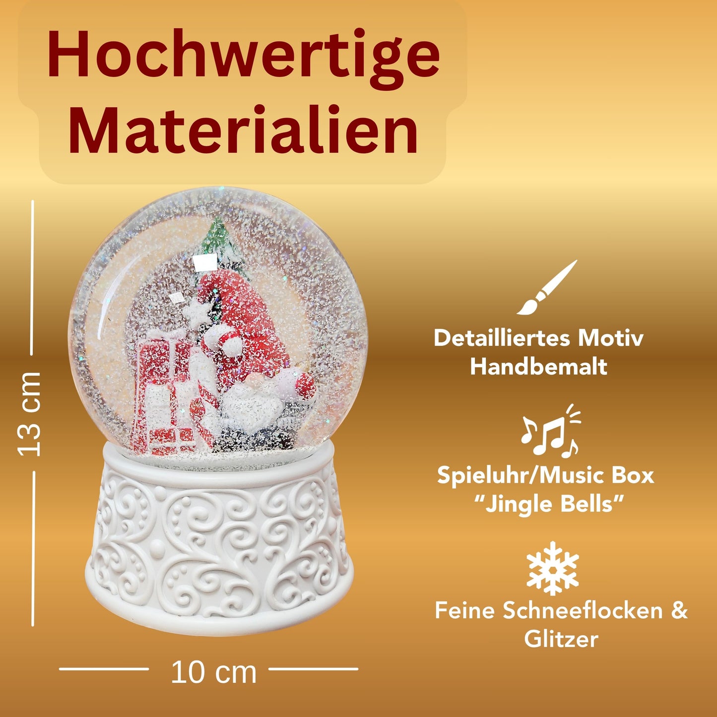 Nostalgische Schneekugel Wichtel rot auf  Ornamente 100 mm Durchmesser mit Spieluhr