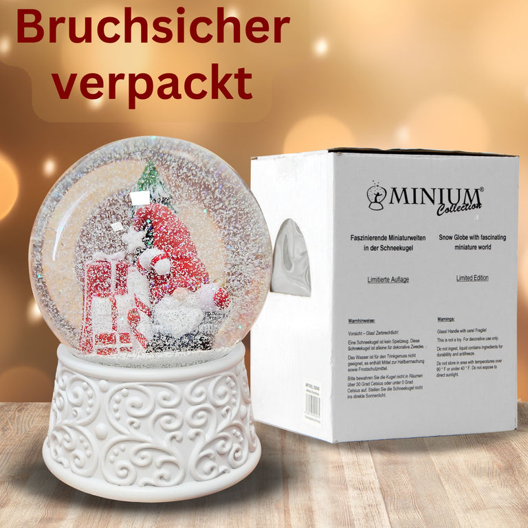 Nostalgische Schneekugel Wichtel rot auf  Ornamente 100 mm Durchmesser mit Spieluhr