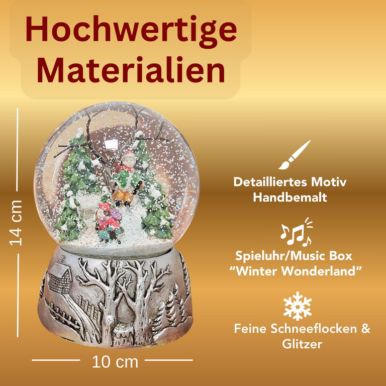 Nostalgische Schneekugel Skifahrer auf Silber Landschaft 100 mm Durchmesser mit Spieluhr