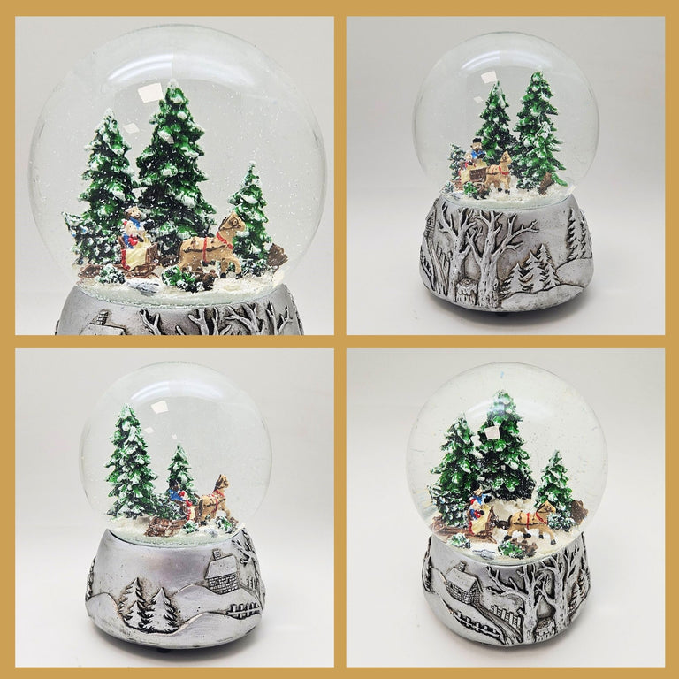 Nostalgische Schneekugel Schlittenfahrt auf Silber Landschaft 100 mm Durchmesser mit Spieluhr