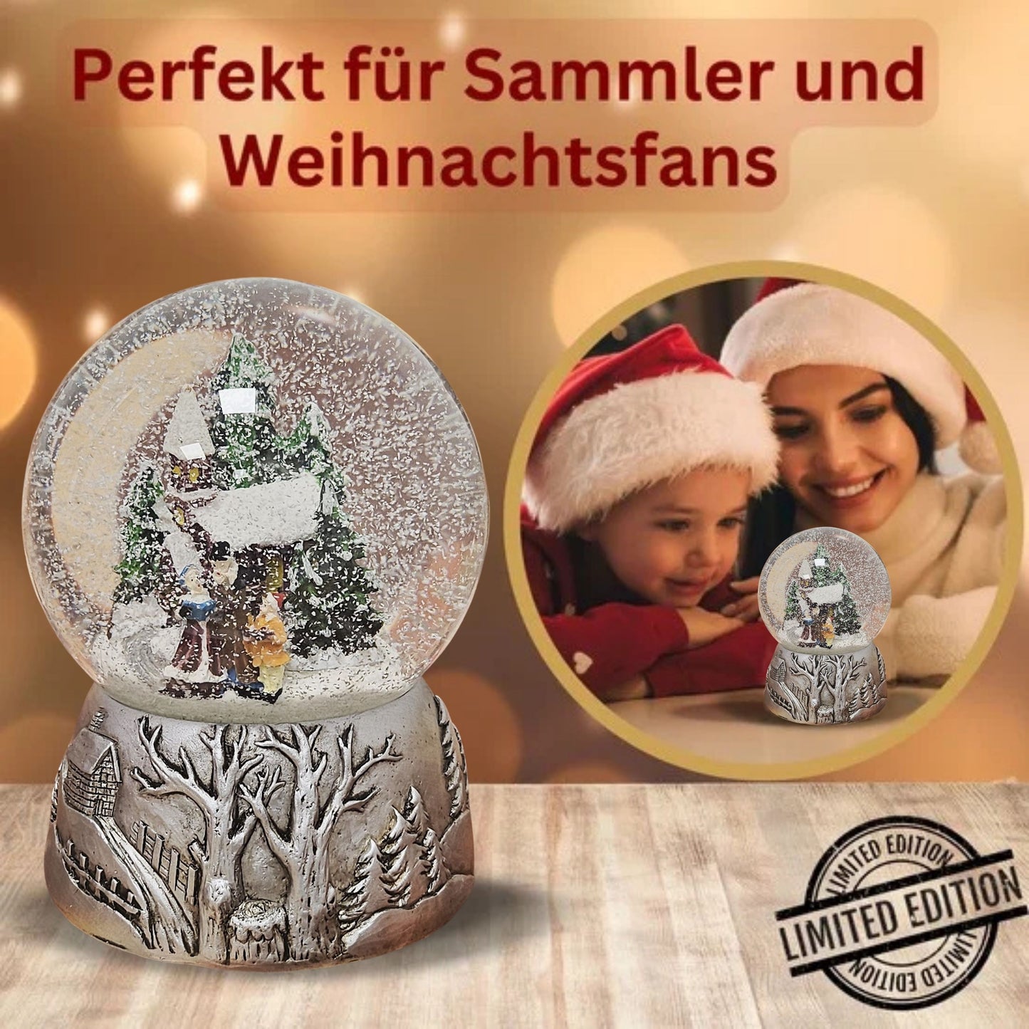 Nostalgische Schneekugel Weihnachtsspaziergang auf Silber Landschaft 100 mm Durchmesser mit Spieluhr