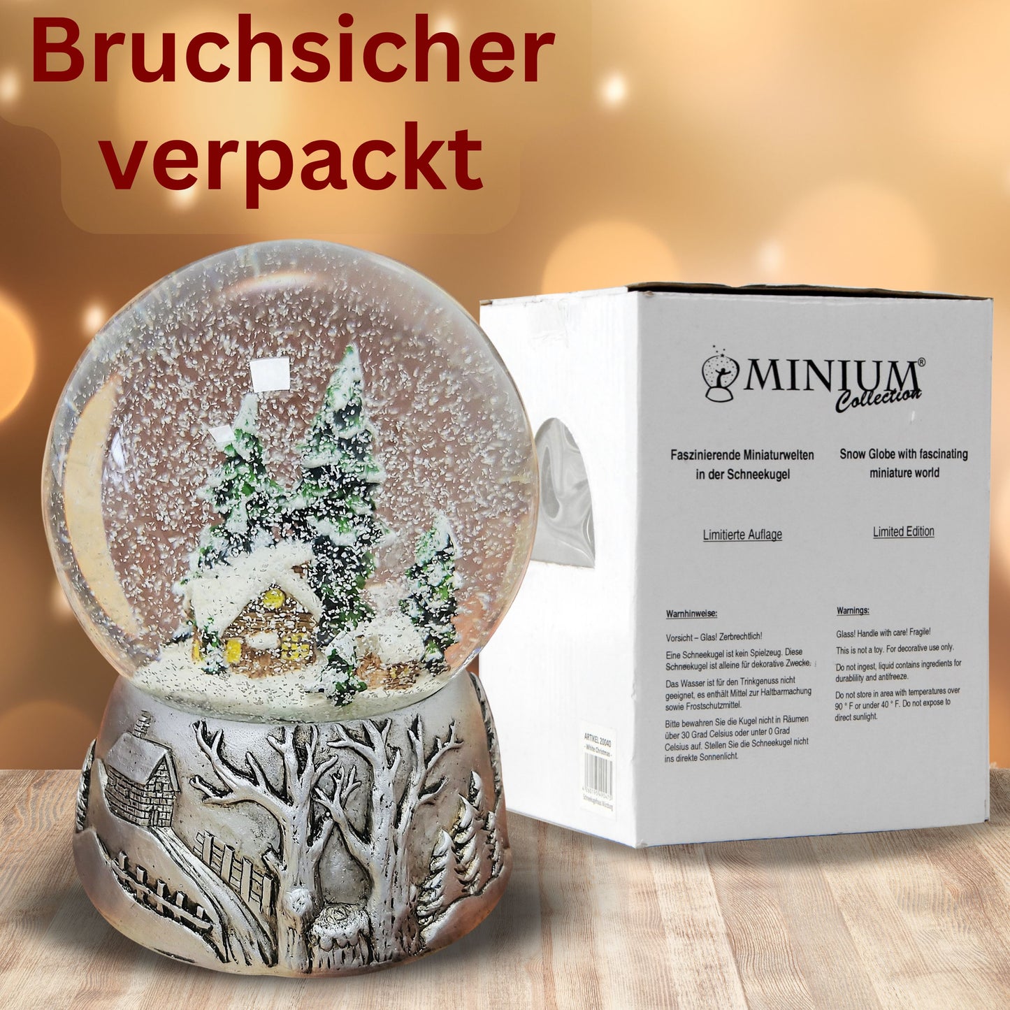 Nostalgische Schneekugel Winterhütte auf Silber Landschaft 100 mm Durchmesser mit Spieluhr