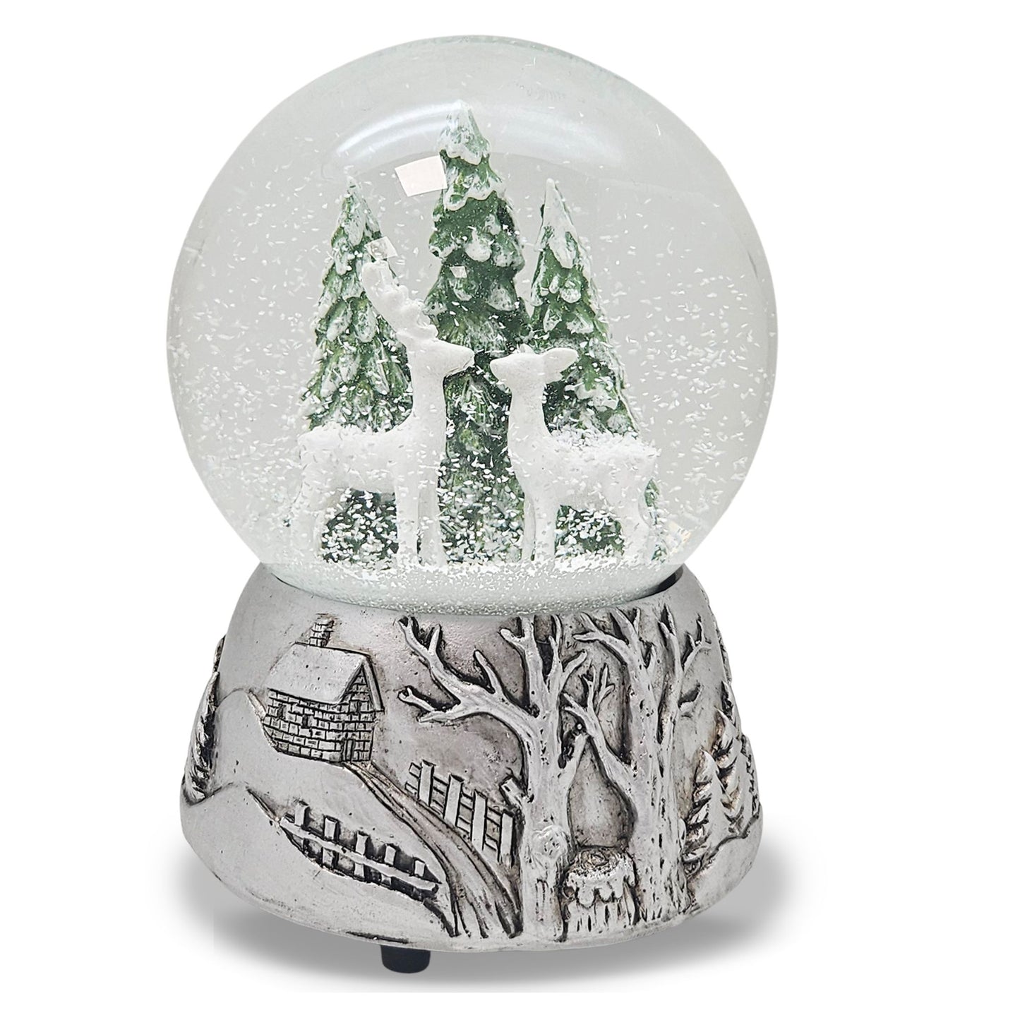Nostalgische Schneekugel 2 Rehe auf Silber Landschaft 100 mm Durchmesser mit Spieluhr
