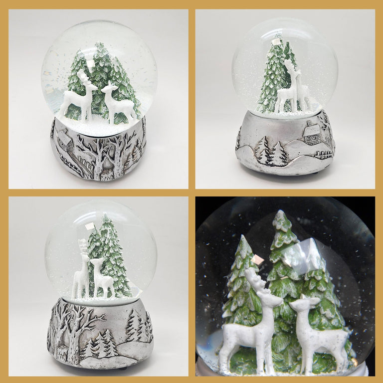 Nostalgische Schneekugel 2 Rehe auf Silber Landschaft 100 mm Durchmesser mit Spieluhr